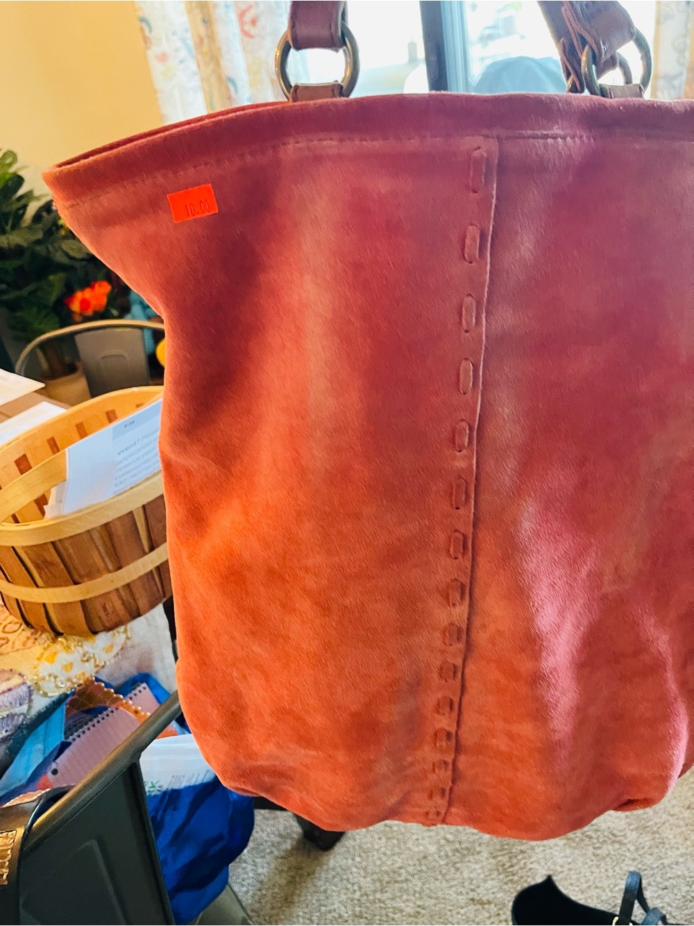Lucky Brand Orange Suede Bucket Bag with Floral Liner and Leather Logo - Picture 4 of 5